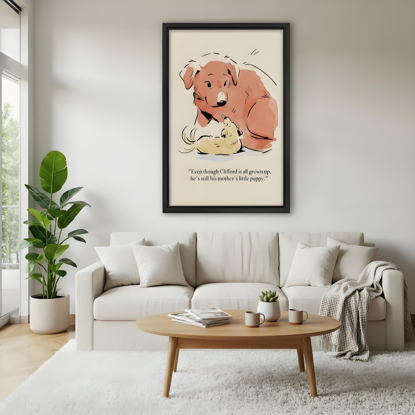 Dog mom puppy love framed canvas print above white sofa – whimsical animal wall art for home