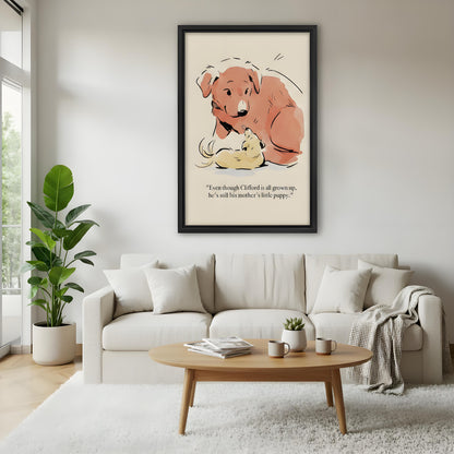 Dog mom puppy love framed canvas print above white sofa – whimsical animal wall art for home