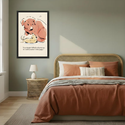 Framed dog mom canvas print above boho bedroom bed – cute puppy love wall art, warm home decor

