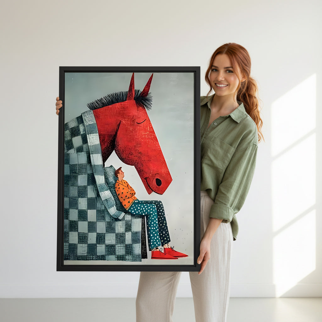 Red Horse Folk Art Companionship Canvas Wall Art | Framed & Unframed l4638