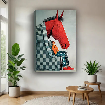 Red Horse Folk Art Companionship Canvas Wall Art | Framed & Unframed l4638