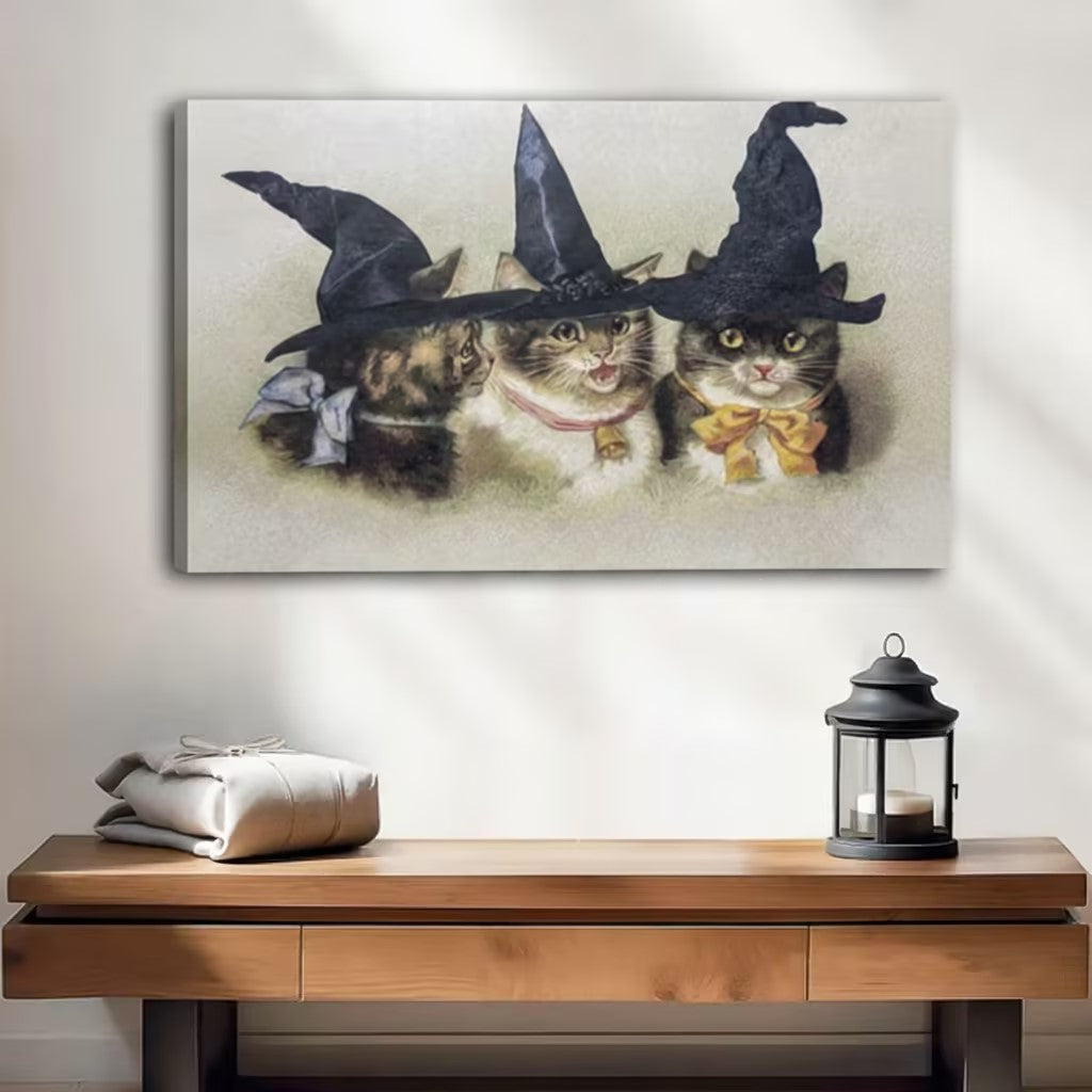 Three witch cats halloween vintage gallery wrap canvas wall art above wooden console table