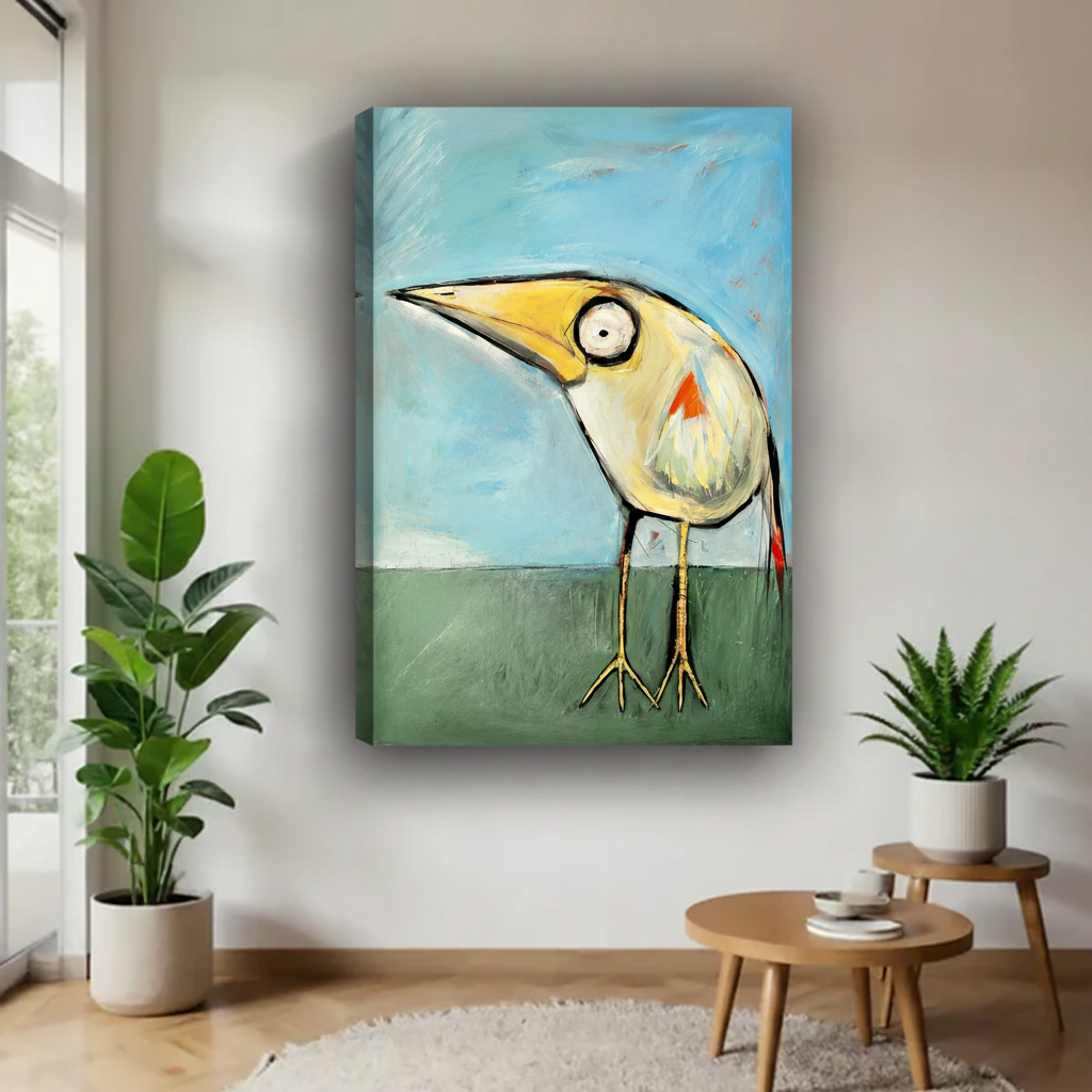 Frameless canvas wrap of quirky big eye bird folk art on blue green background, eclectic bird wall art for modern home