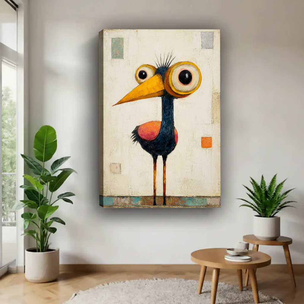 Whimsical big-eye bird folk art canvas wrap print with visible edges hung in bright minimalist living room beside green plants