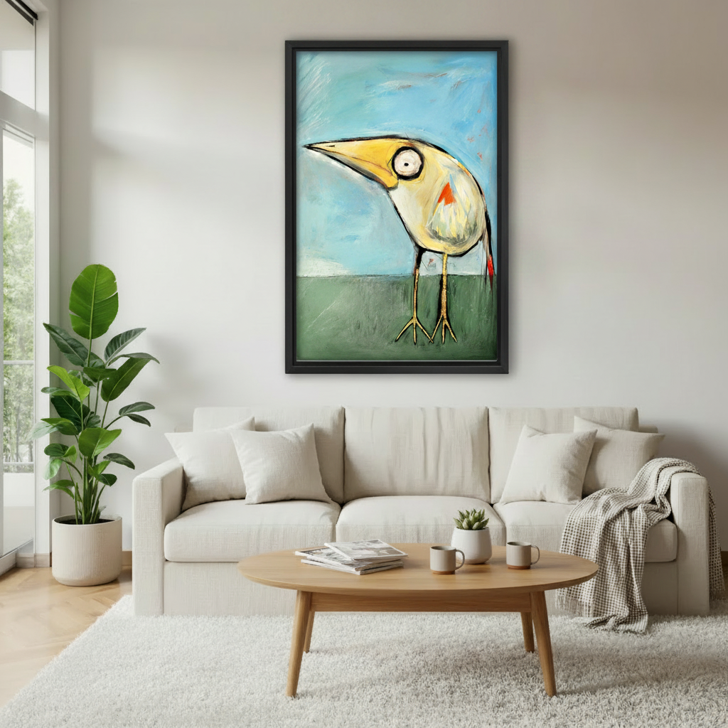  Quirky folk art bird with big eye framed print above linen sofa, colorful eclectic wall art for Scandinavian living room