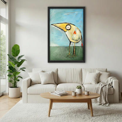  Quirky folk art bird with big eye framed print above linen sofa, colorful eclectic wall art for Scandinavian living room