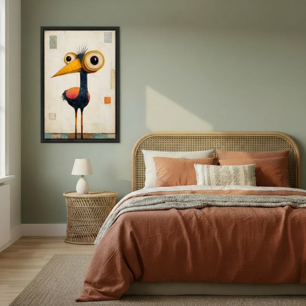 Whimsical big-eye bird folk art framed canvas print hung above rattan headboard in cozy sage green bedroom