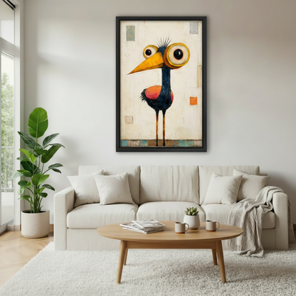 Quirky big-eye bird folk art framed canvas wall art above white sofa in bright Scandinavian living room with wooden coffee table