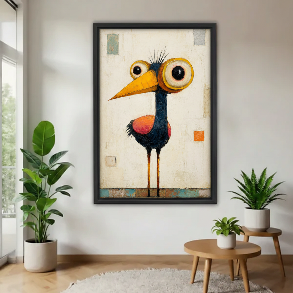Quirky big-eye bird folk art framed canvas wall art displayed in modern living room with tropical plants and round wooden table