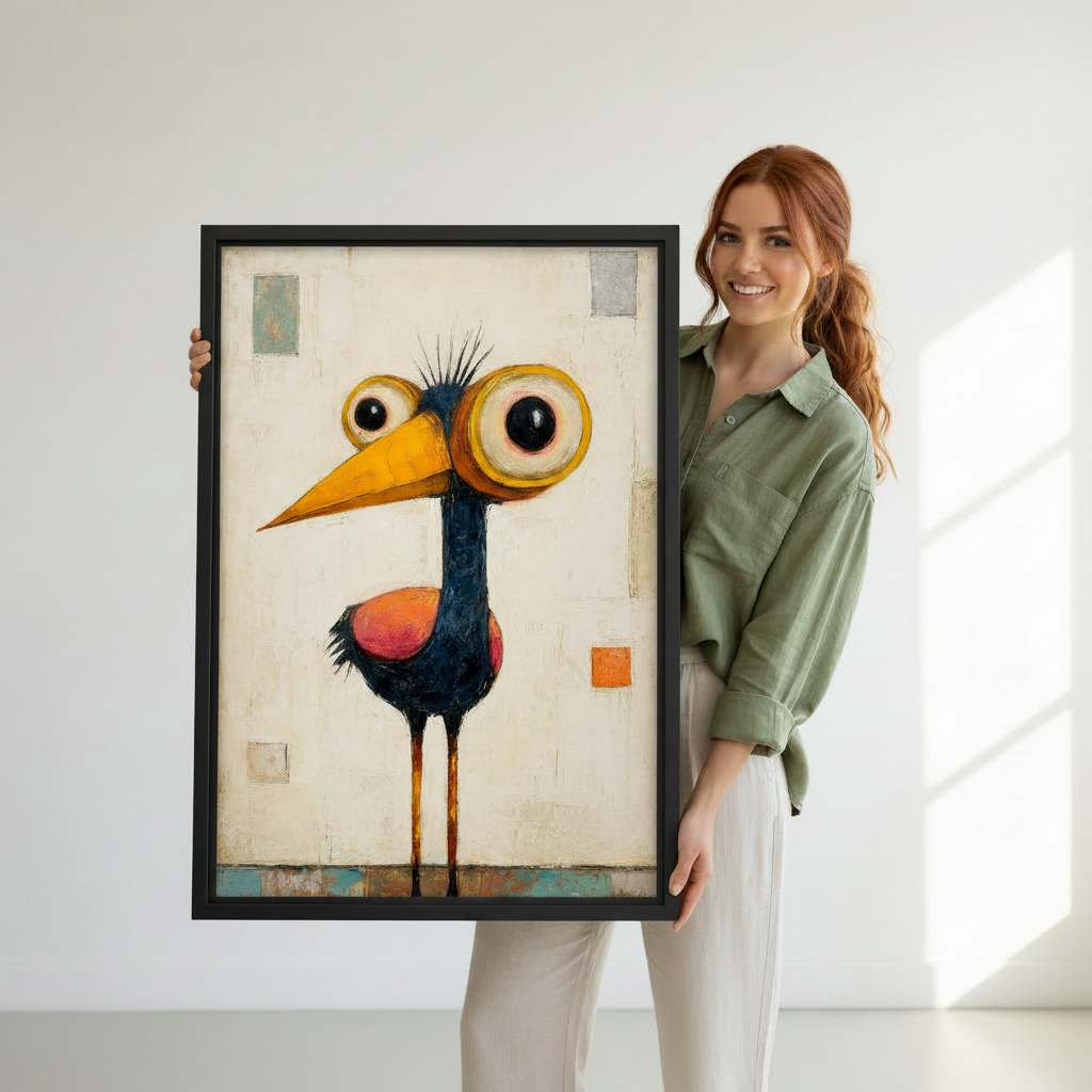 Woman holding quirky big-eye bird folk art framed canvas print showing artwork size reference against white wall