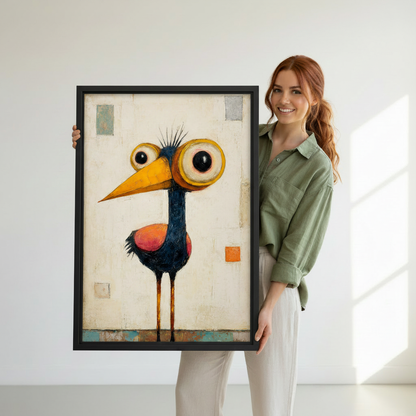 Woman holding quirky big-eye bird folk art framed canvas print showing artwork size reference against white wall