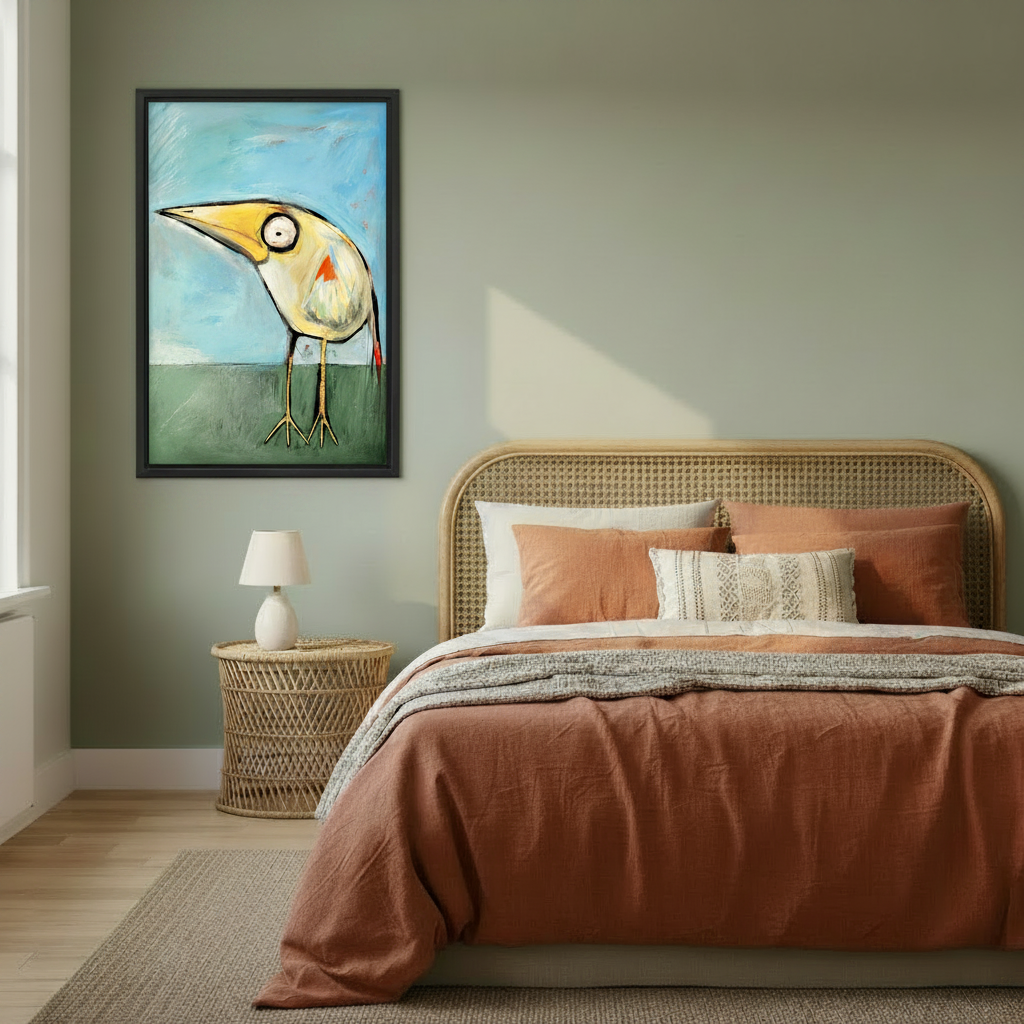 Whimsical big eye bird folk art framed canvas above rattan bed, colorful eclectic bird print for boho bedroom decor