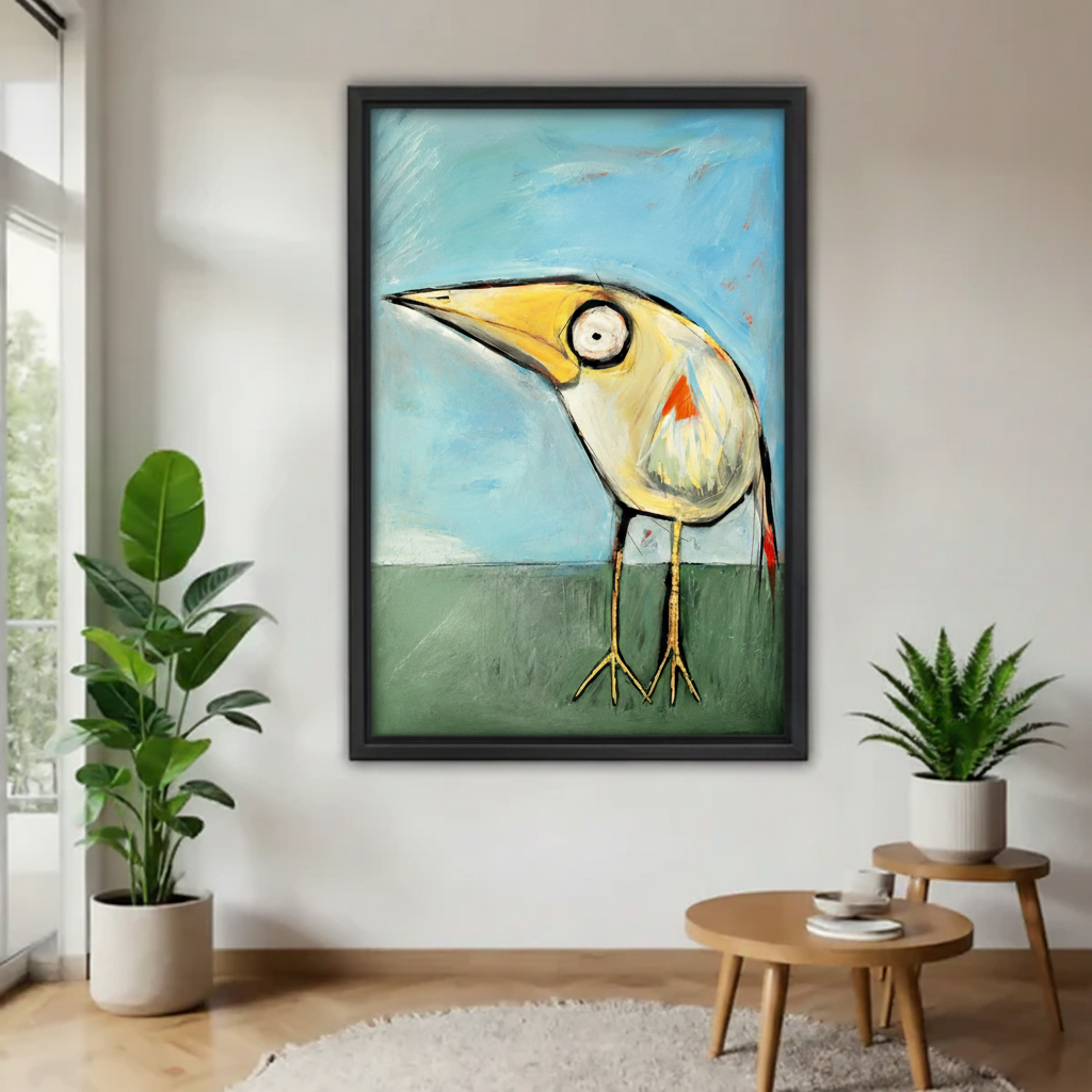  Quirky big eye bird folk art framed canvas wall art above wooden side table, whimsical colorful bird print for living room