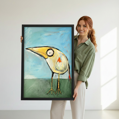 Woman holding large quirky big eye bird folk art framed canvas print, whimsical bird wall art size reference lifestyle photo