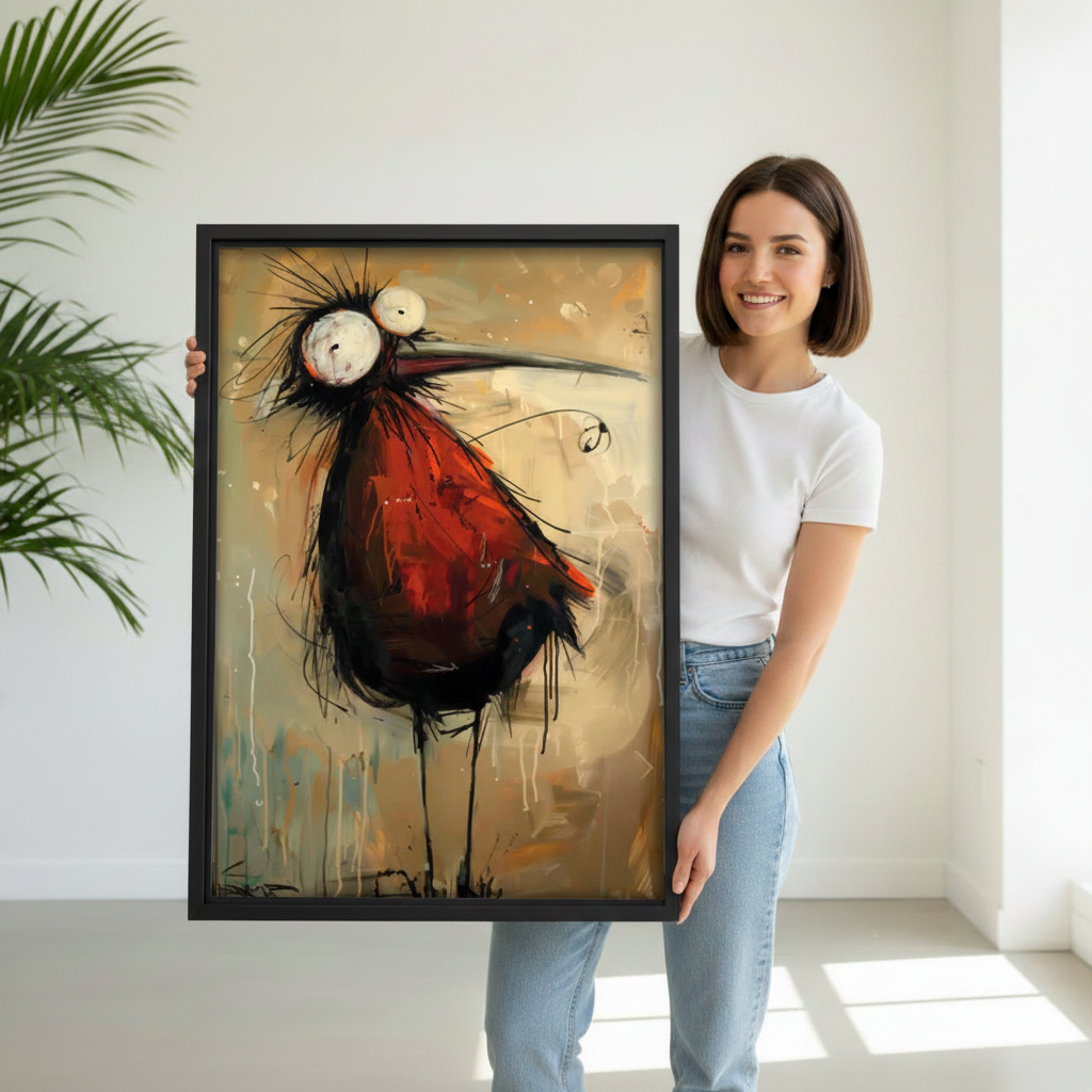  Woman holding large quirky big eye red black bird abstract framed canvas print, expressive eclectic bird wall art size reference