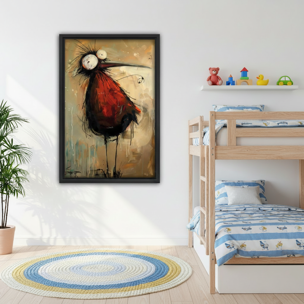 Quirky big eye red black bird abstract framed wall art beside kids bunk bed, bold expressive bird print for children's bedroom decor