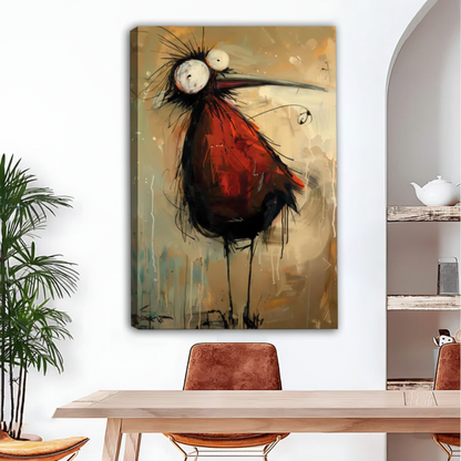  Frameless canvas wrap of quirky red black bird with wild feathers on aged golden background, bold abstract bird wall art for modern dining room