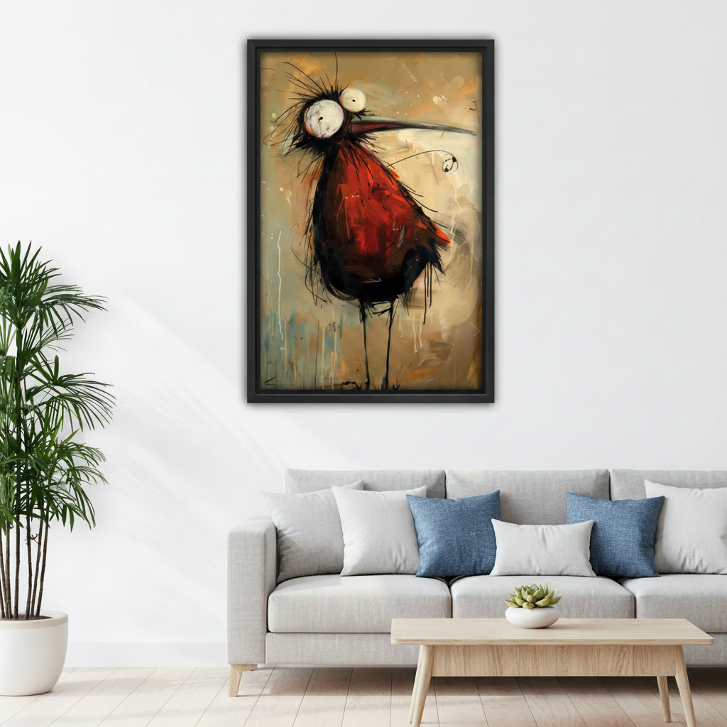  Bold quirky red black bird abstract framed wall art above gray sofa, expressive eclectic canvas print for modern living room