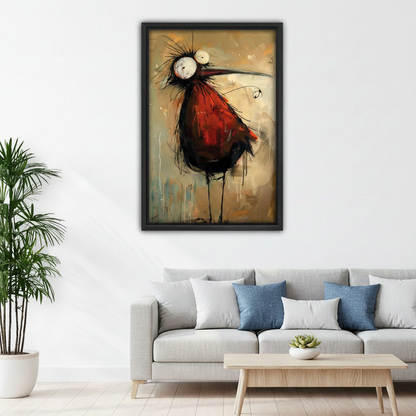  Bold quirky red black bird abstract framed wall art above gray sofa, expressive eclectic canvas print for modern living room