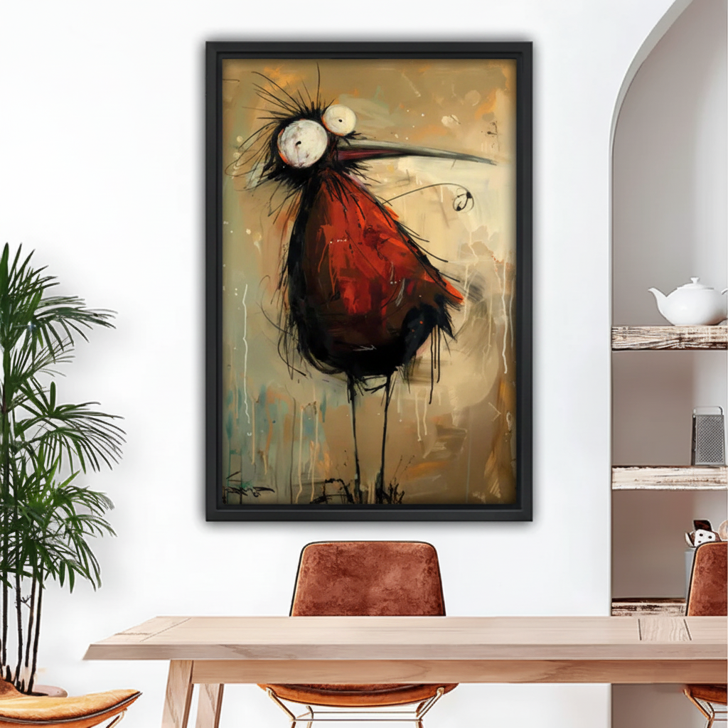 Quirky big eye red black bird abstract expressionist framed wall art above wooden dining table, bold eclectic canvas print for dining room