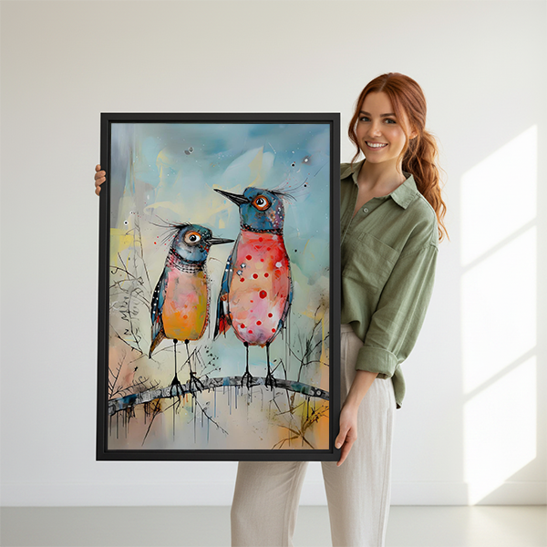 Woman holding large framed quirky bird watercolor art print showing size reference