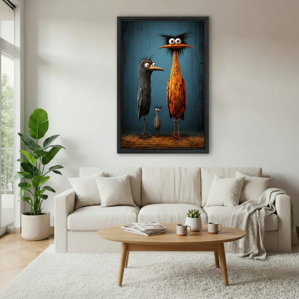 Quirky birds dark humor framed canvas print on sage green bedroom wall above rattan bed