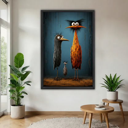 Dark humor quirky birds framed canvas wall art above beige sofa in bright Scandinavian living room