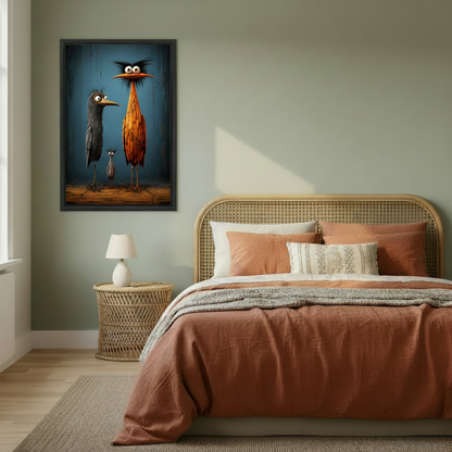 Dark humor bird canvas wall art in black float frame hung in minimalist room with side table and plants