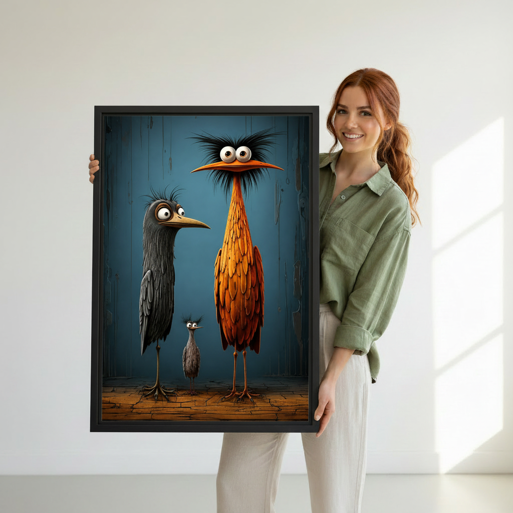 Smiling woman holding large black framed dark humor quirky birds canvas wall art in white studio