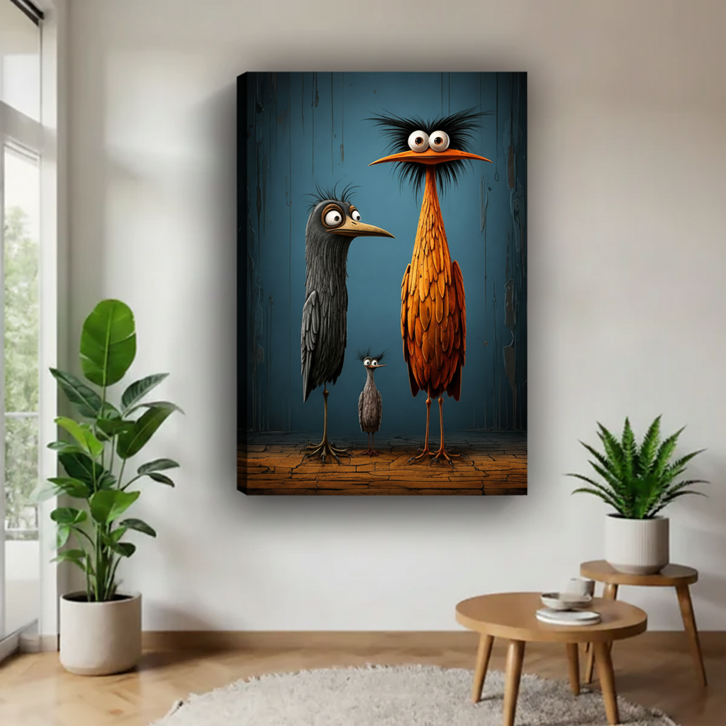 Quirky birds gallery wrap canvas print displayed on white wall in minimalist hallway with indoor plants