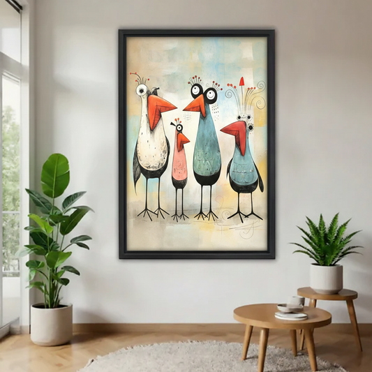 Quirky bird family illustration in black frame on white wall flanked by large green indoor plants and round table