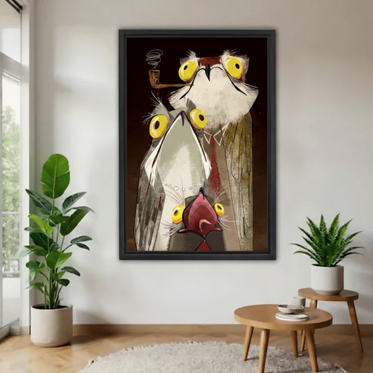 Large black framed print of quirky surreal birds stacked vertically with multiple yellow eyes and a smoking pipe, hung on a white wall flanked by two tropical potted plants