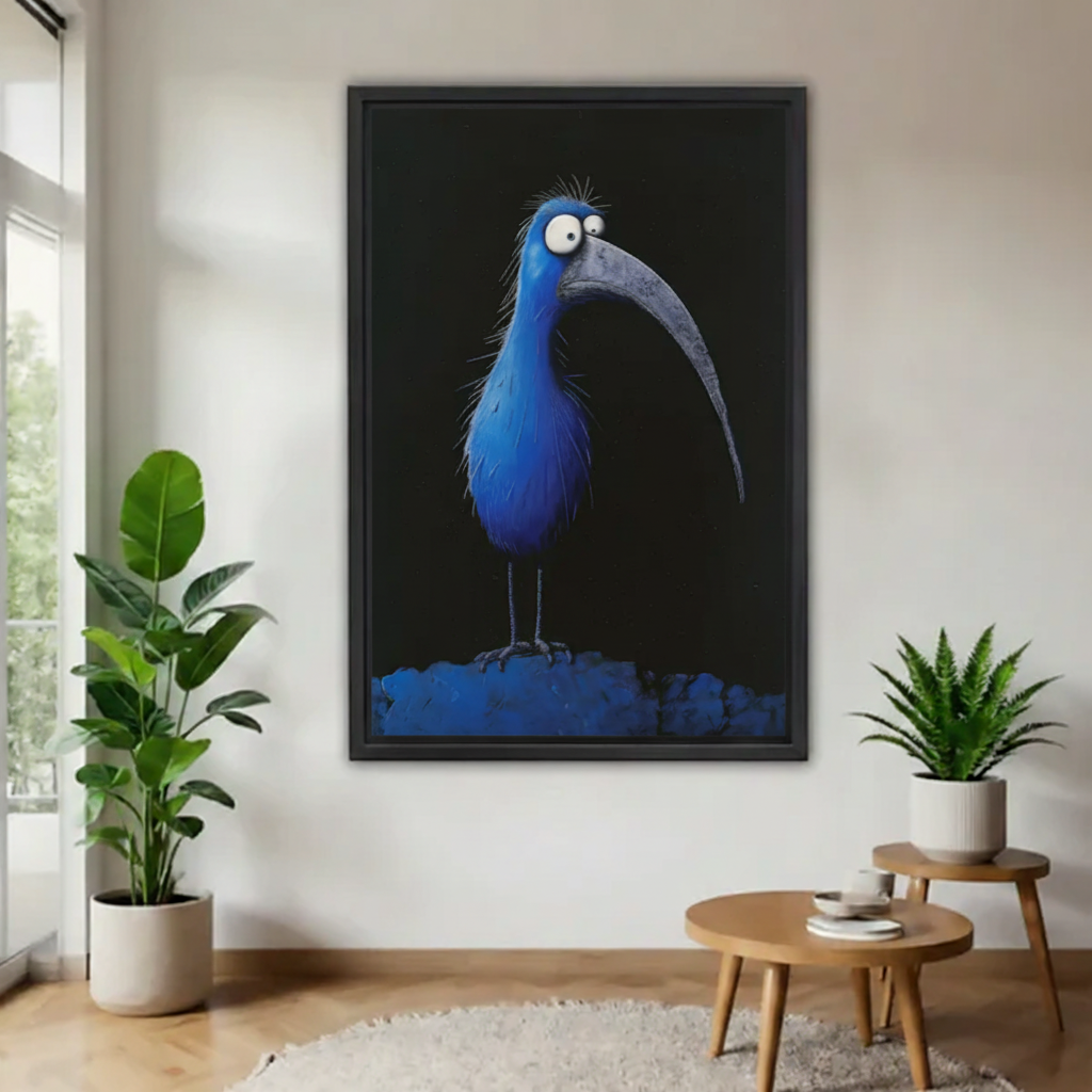Close-up detail of blue bird with googly white eyes and long curved grey beak, dark surreal folk canvas wall art