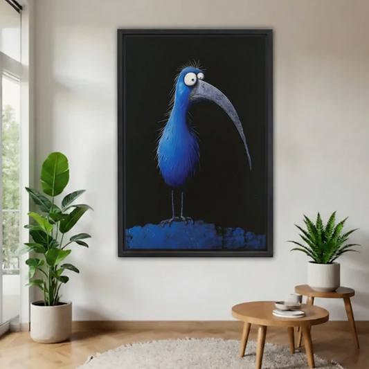 Close-up detail of blue bird with googly white eyes and long curved grey beak, dark surreal folk canvas wall art