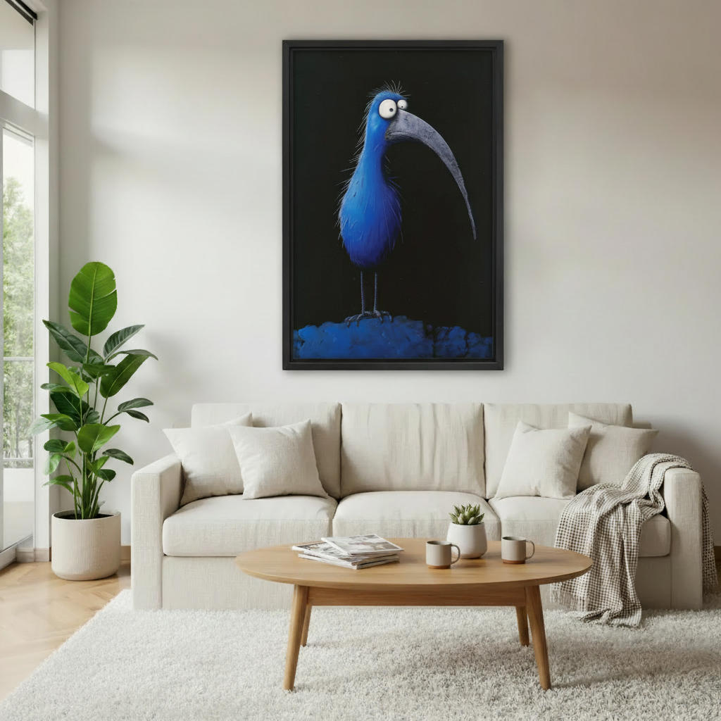 Quirky blue bird with long curved beak canvas print in black frame, surreal folk wall art in modern living room decor