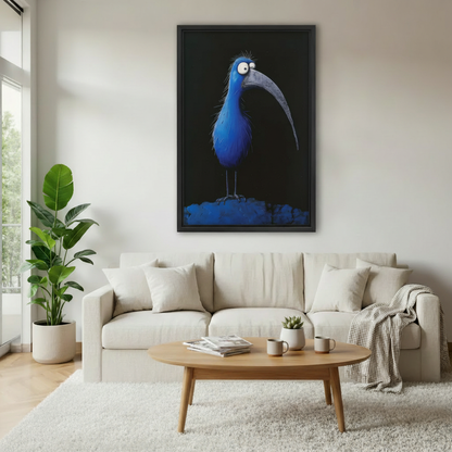 Quirky blue bird with long curved beak canvas print in black frame, surreal folk wall art in modern living room decor