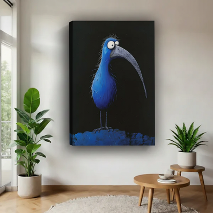 Frameless gallery wrap canvas of quirky blue bird on black background, surreal folk oil painting wall art thick edges