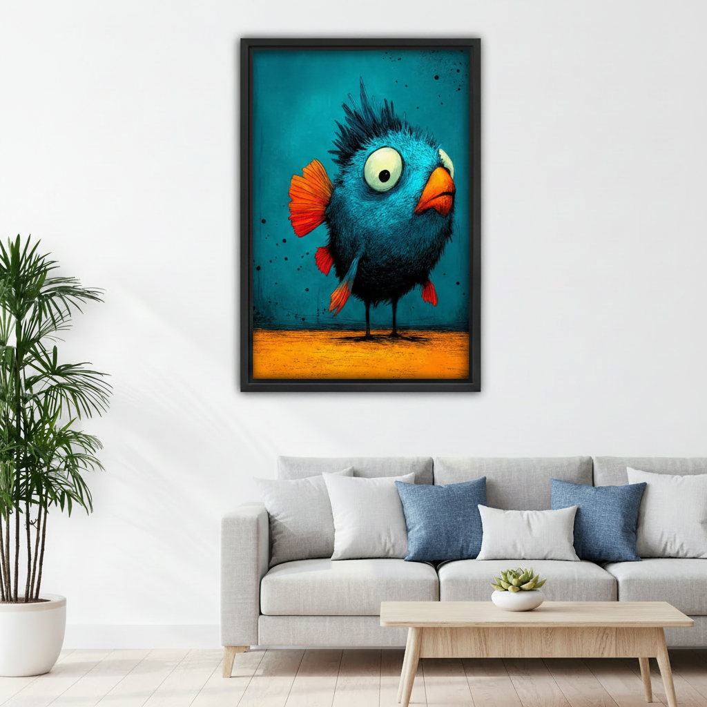 Quirky blue bird canvas wall art in black frame hung on white wall above dining table with arched doorway