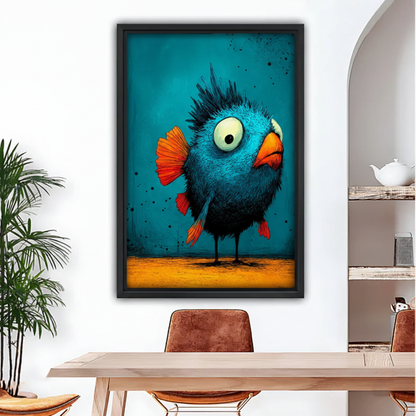 Quirky blue bird canvas wall art as gallery wrap displayed above wooden dining table in modern room