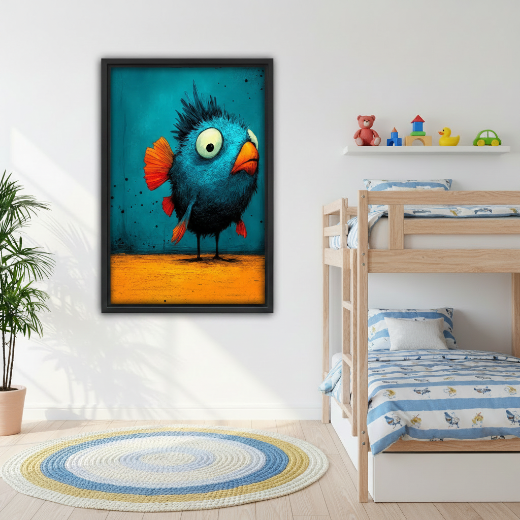 Quirky blue bird canvas wall art in black frame on white wall in bright children's bedroom with bunk beds