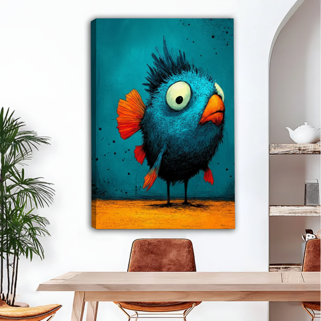 Quirky blue bird canvas wall art in black float frame above grey sofa with blue cushions in modern living room