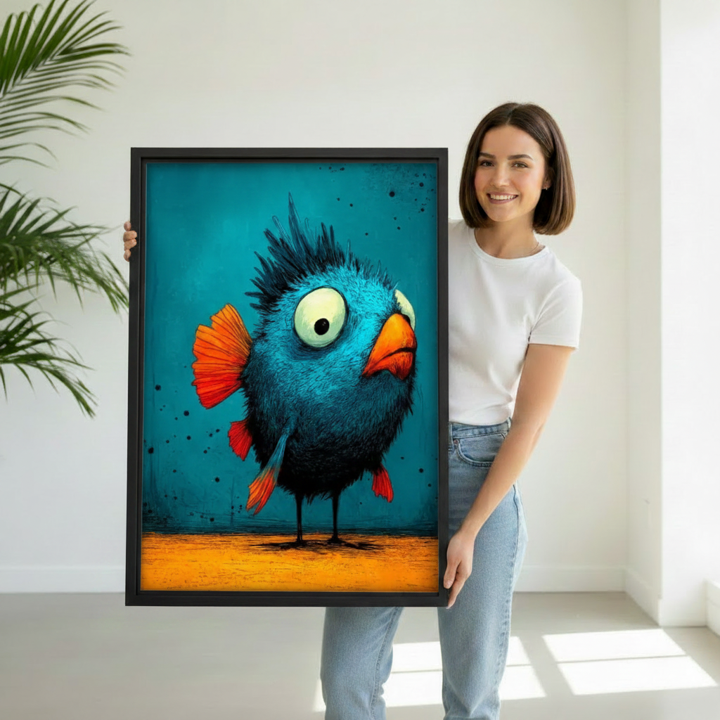 Woman holding quirky blue bird canvas wall art in black float frame against white studio background