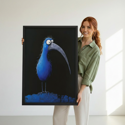 Large black framed quirky blue bird canvas print on white wall, surreal folk oil painting home wall art decor