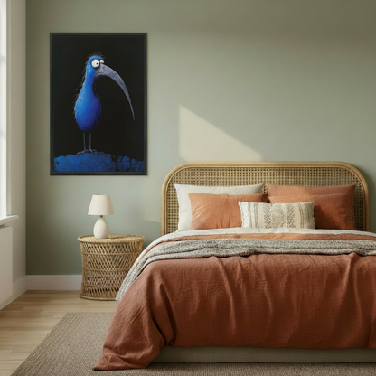 Surreal blue bird canvas print in black frame above rattan bed, folk oil painting wall art bedroom decor