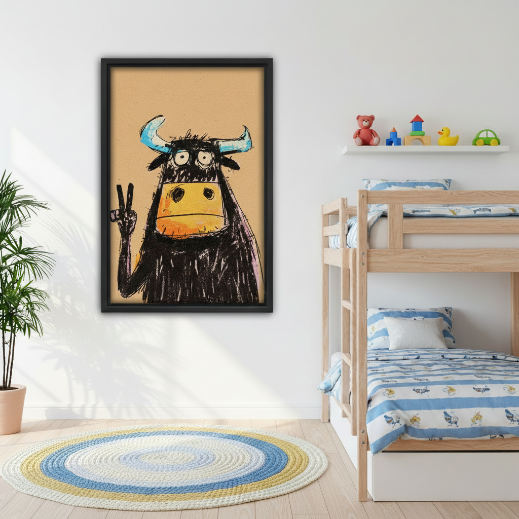 Funny sketch bull peace sign canvas print in black frame above a bed with white bedding in a creative bedroom