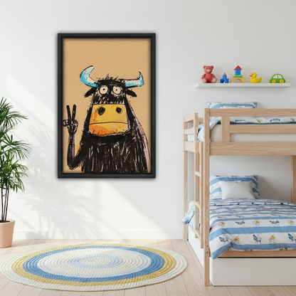 Funny sketch bull peace sign canvas print in black frame above a bed with white bedding in a creative bedroom