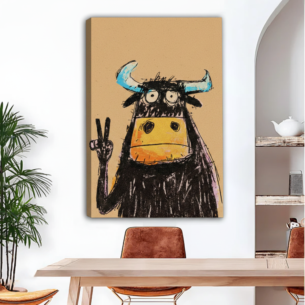 Black framed quirky sketch bull peace sign canvas wall art hanging in a bright dining room with arched doorway