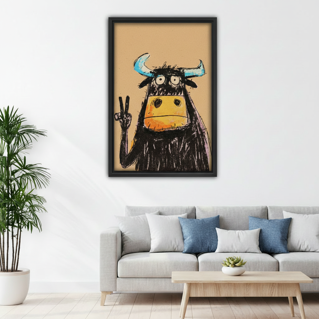 Quirky bull peace sign framed canvas print displayed above a sofa in a bright eclectic living room