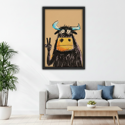 Quirky bull peace sign framed canvas print displayed above a sofa in a bright eclectic living room
