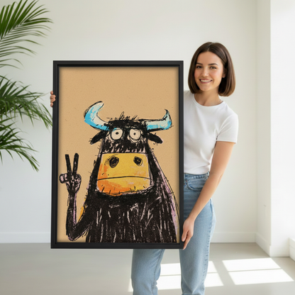 Person holding quirky sketch bull peace sign black framed canvas print in a bright white room